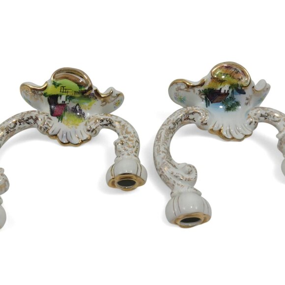 ALCOBACA Twin Arm Candle Holders PORTUGAL Set Country Scene Vintage 7.5" - Picture 10 of 11